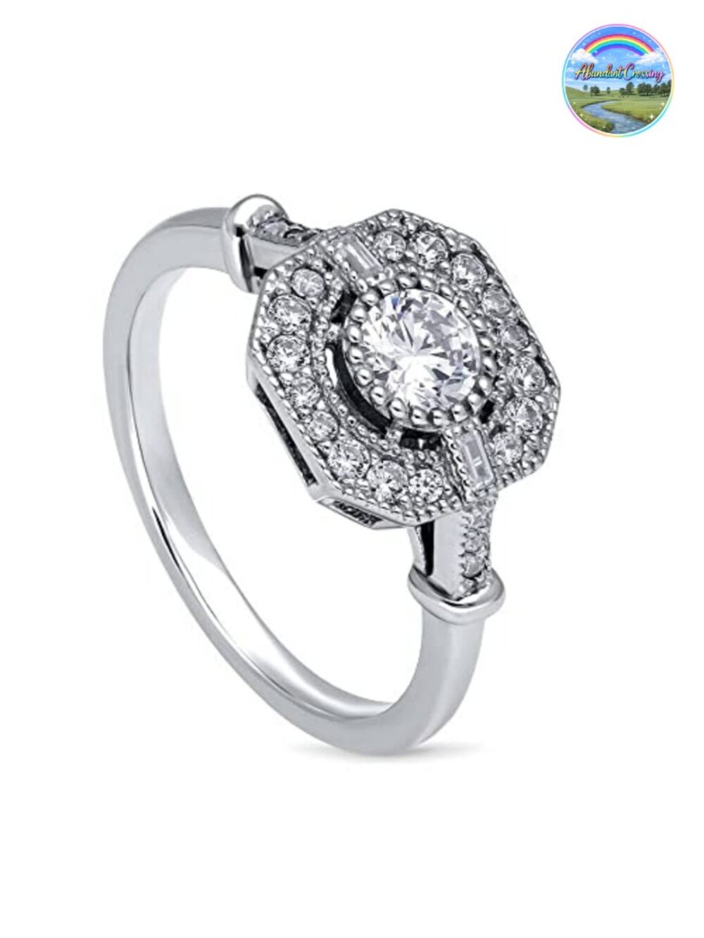 Sterling Silver Art Deco CZ Statement Ring for Women, Rhodium Plated,